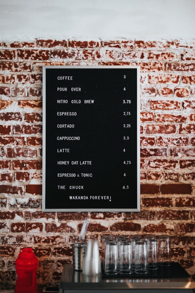 Menu of loads of different coffee options